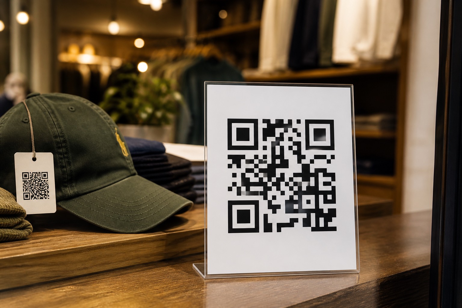 کارت پیشخوان فروشگاه با کد QR کنار کلاه برند